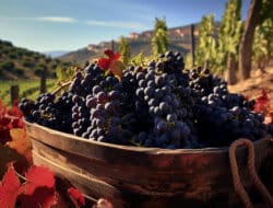 Basket full of freshly picked Sangiovese grapes during the vendemmia in Tuscany, with vineyards and hills in the background.
