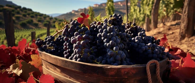 Basket full of freshly picked Sangiovese grapes during the vendemmia in Tuscany, with vineyards and hills in the background.