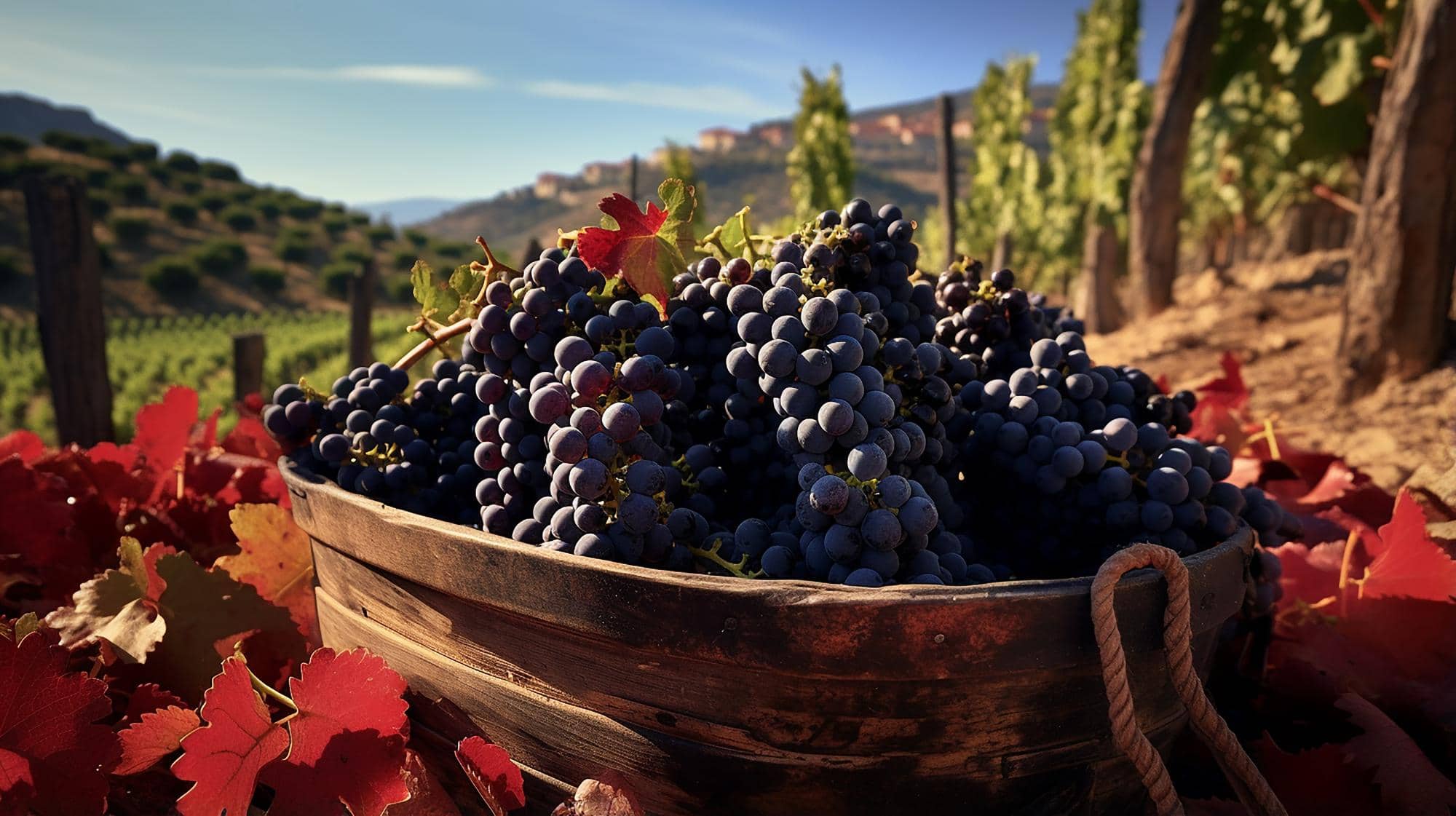 Basket full of freshly picked Sangiovese grapes during the vendemmia in Tuscany, with vineyards and hills in the background.