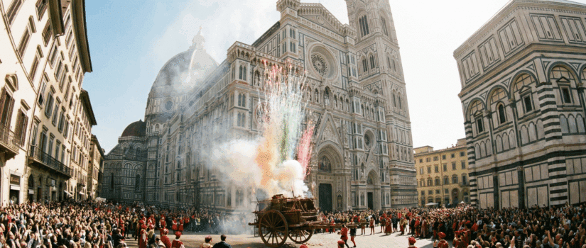 Fireworks during the Scoppio del Carro Easter tradition in Florence, with the Cathedral of Santa Maria del Fiore and the Baptistery in Piazza del Duomo.