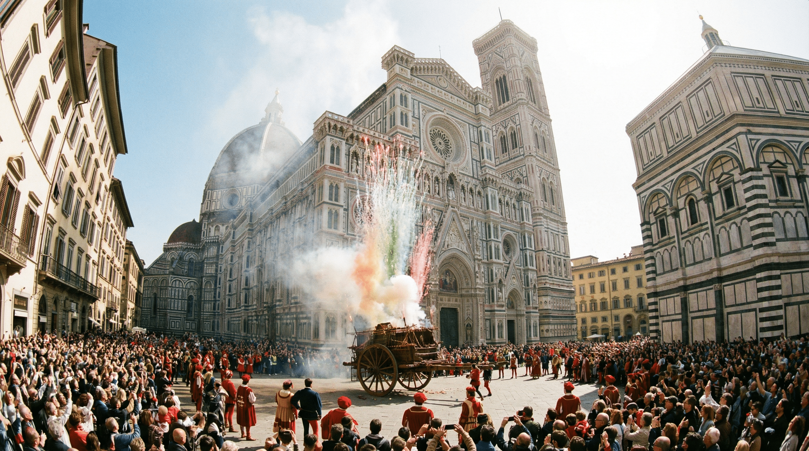 Fireworks during the Scoppio del Carro Easter tradition in Florence, with the Cathedral of Santa Maria del Fiore and the Baptistery in Piazza del Duomo.