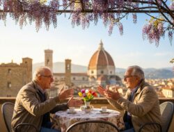 Two older men talking at an outdoor café terrace in Florence in spring, with wisteria flowers and the Duomo in the background.