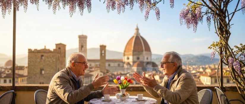 Two older men talking at an outdoor café terrace in Florence in spring, with wisteria flowers and the Duomo in the background.