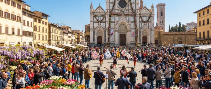 Spring festival in Florence with musicians and flag throwers performing in Piazza Santa Croce, surrounded by flower stalls and a large crowd in front of the Basilica of Santa Croce.
