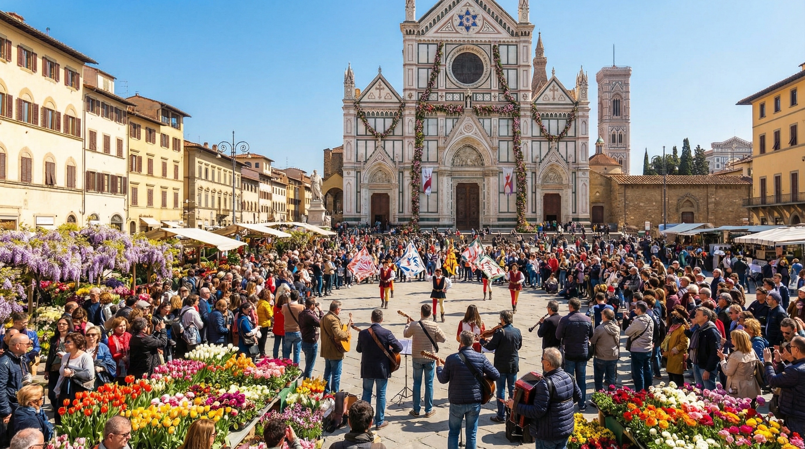 Spring festival in Florence with musicians and flag throwers performing in Piazza Santa Croce, surrounded by flower stalls and a large crowd in front of the Basilica of Santa Croce.