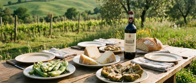 Rustic Tuscan spring picnic with pecorino cheese, fresh fava beans, artichokes, bread and a bottle of Chianti set on a wooden table in the countryside.