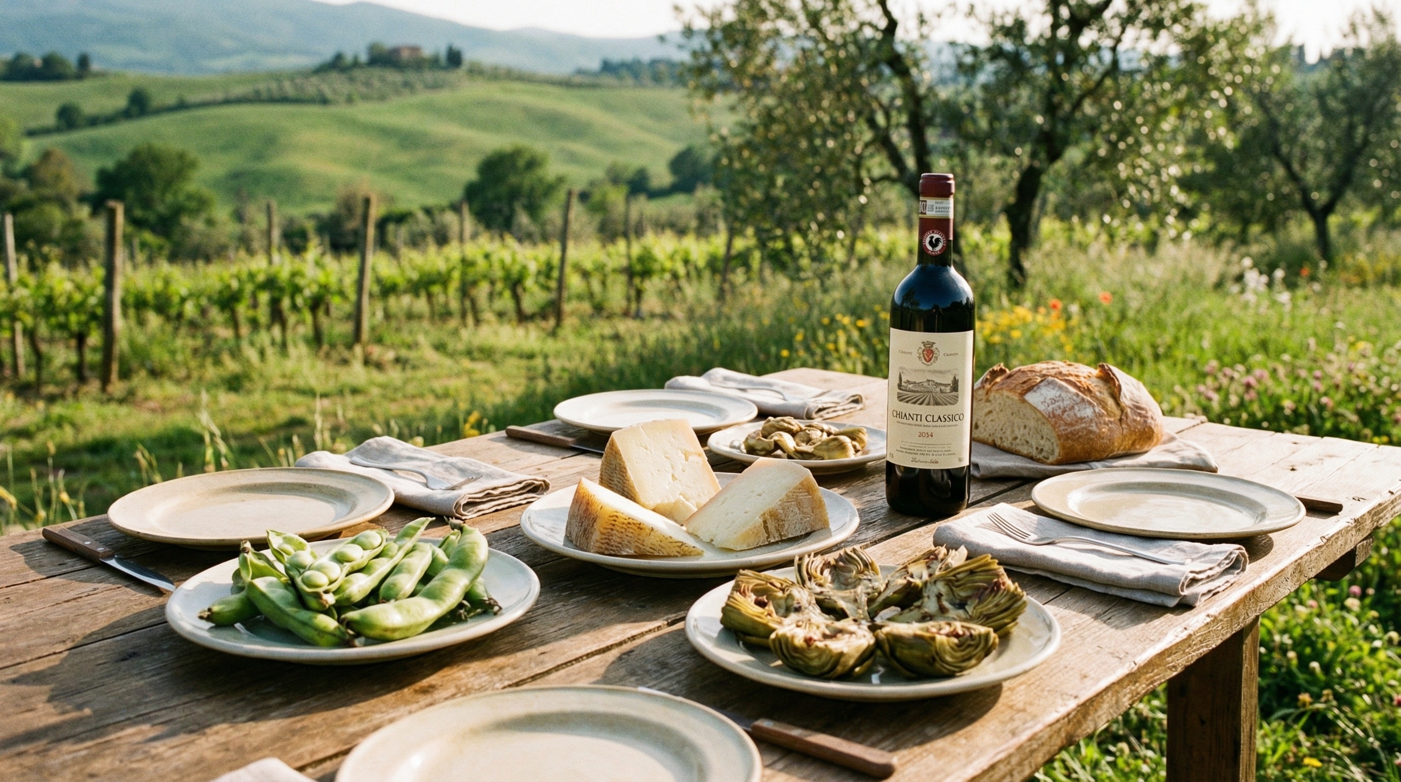 Rustic Tuscan spring picnic with pecorino cheese, fresh fava beans, artichokes, bread and a bottle of Chianti set on a wooden table in the countryside.