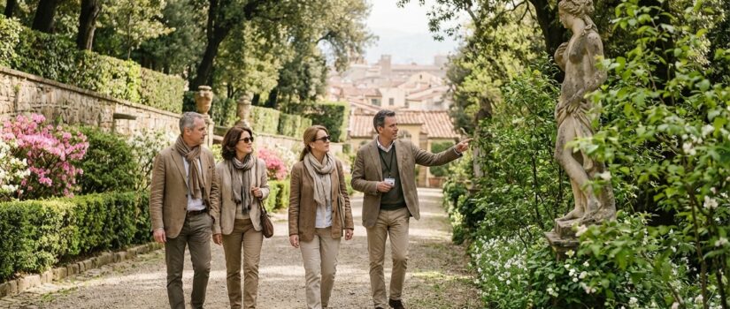 Visitors strolling through Boboli Gardens in spring, Florence, with statues and fresh greenery