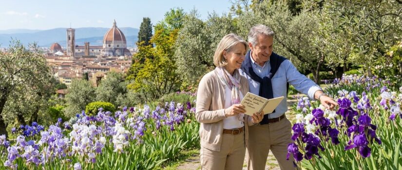 Visitors with a notebook practice Italian in Florence’s Iris Garden amid spring blooms