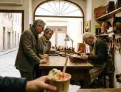 Mature travellers observing a leather artisan at work in Florence with gelato in hand