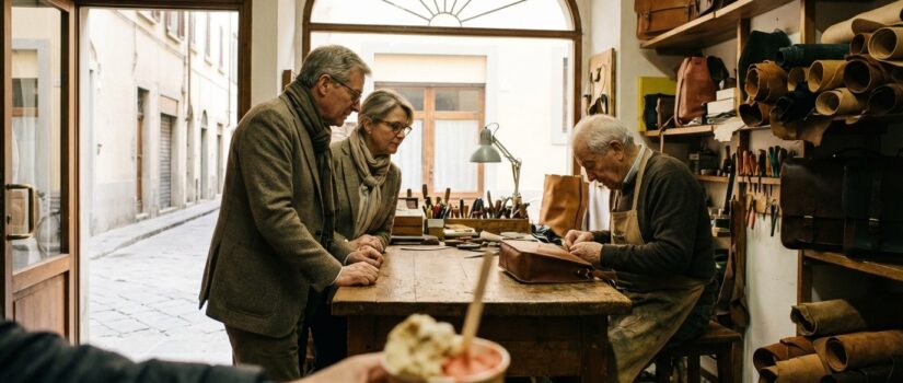 Mature travellers observing a leather artisan at work in Florence with gelato in hand