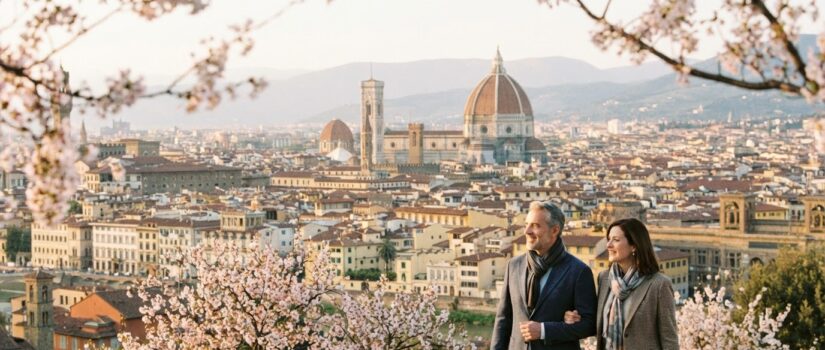 Panoramic spring view of Florence from Piazzale Michelangelo with the Duomo and blooming trees at sunset