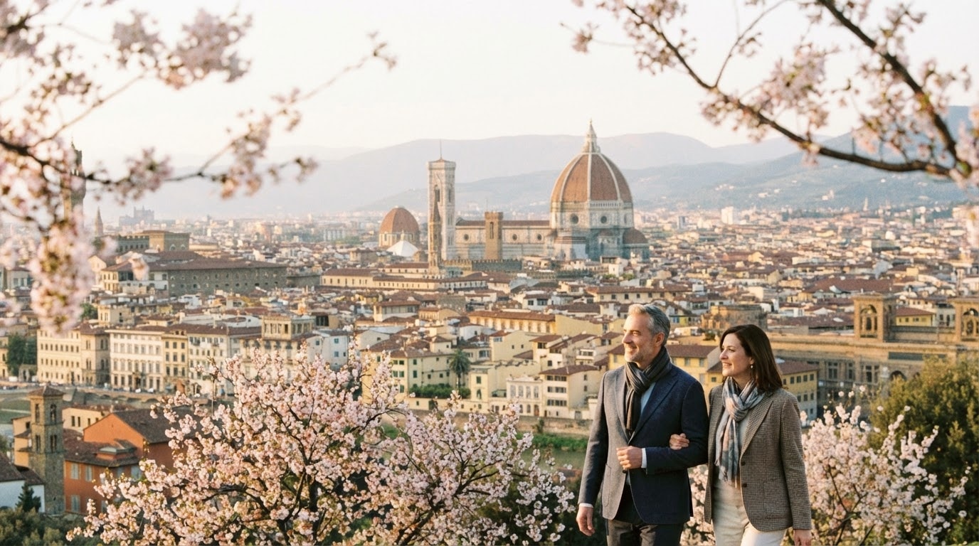 Panoramic spring view of Florence from Piazzale Michelangelo with the Duomo and blooming trees at sunset