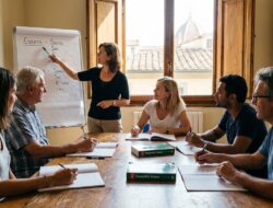 Adult international students in a small Italian language classroom in Florence with a native teacher at a whiteboard showing verb conjugations