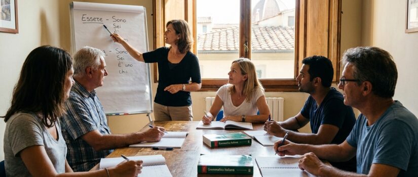 Adult international students in a small Italian language classroom in Florence with a native teacher at a whiteboard showing verb conjugations