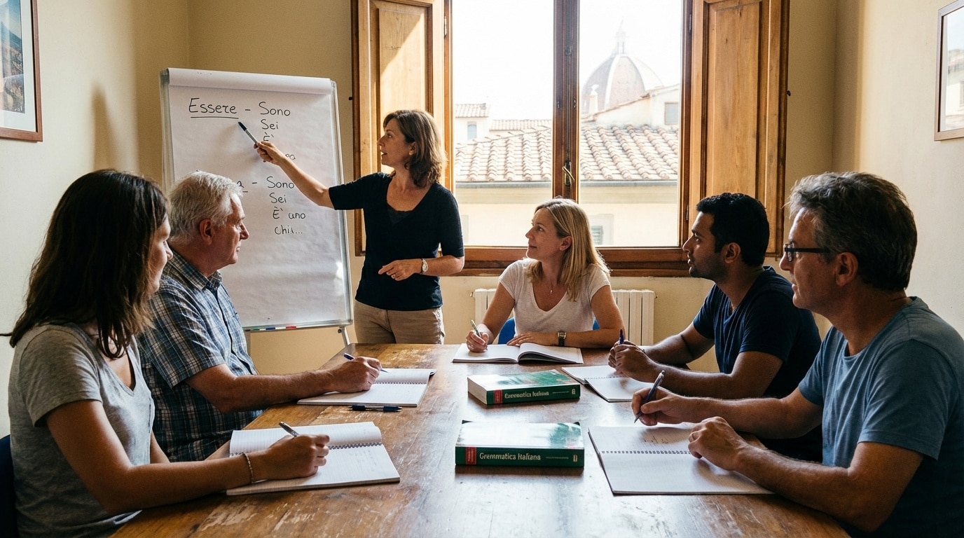 Adult international students in a small Italian language classroom in Florence with a native teacher at a whiteboard showing verb conjugations