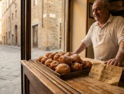 Fresh frittelle di riso on a wooden tray in a Florence pasticceria with a handwritten Italian sign, representing spring language practice in Florence