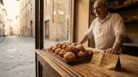 Fresh frittelle di riso on a wooden tray in a Florence pasticceria with a handwritten Italian sign, representing spring language practice in Florence