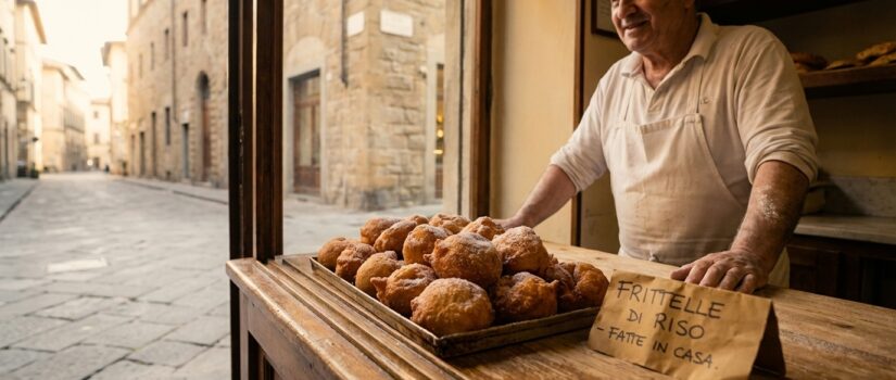 Fresh frittelle di riso on a wooden tray in a Florence pasticceria with a handwritten Italian sign, representing spring language practice in Florence