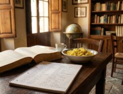 Open Italian dictionary and vocabulary notebook on a wooden table in a Florentine café, representing surprising facts about the Italian language