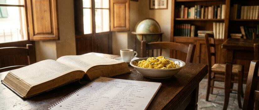 Open Italian dictionary and vocabulary notebook on a wooden table in a Florentine café, representing surprising facts about the Italian language