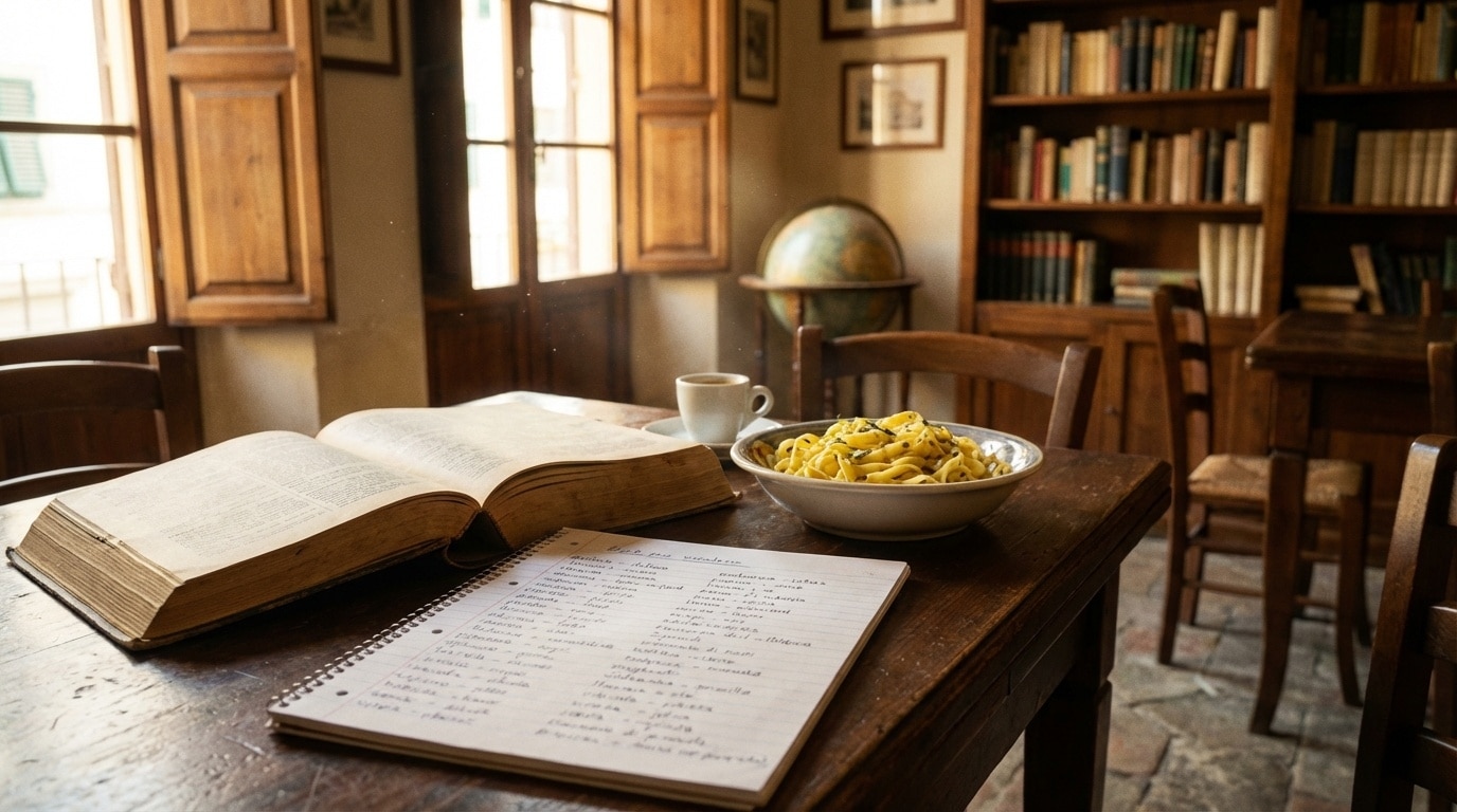 Open Italian dictionary and vocabulary notebook on a wooden table in a Florentine café, representing surprising facts about the Italian language