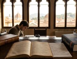 Student studying Italian in a historic Florentine study room with Dante's Divina Commedia and a grammar textbook on the desk