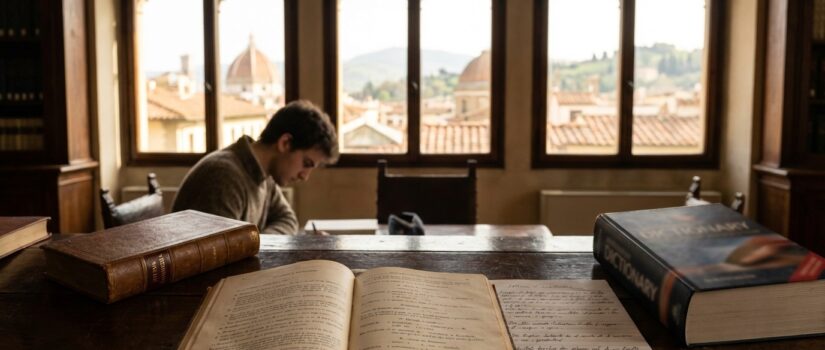 Student studying Italian in a historic Florentine study room with Dante's Divina Commedia and a grammar textbook on the desk